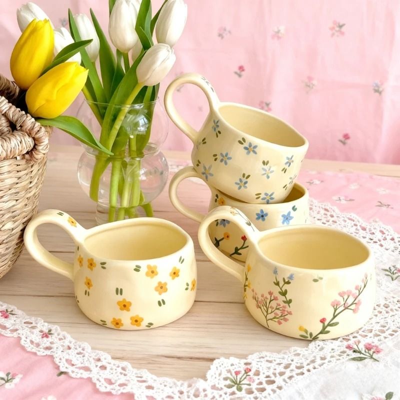 Cream Flower Ceramic Mug