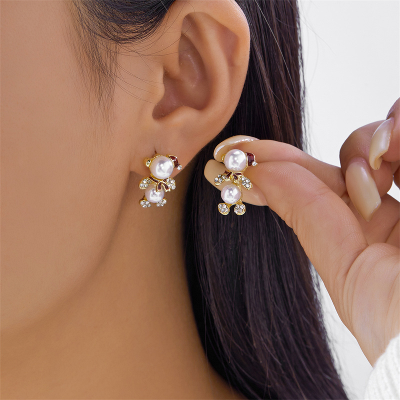 White Pearl Crystal Snowman, Elk Earrings, Creative Christmas Grandpa and Grandma Zircon Stud Earrings, New Year Jewelry