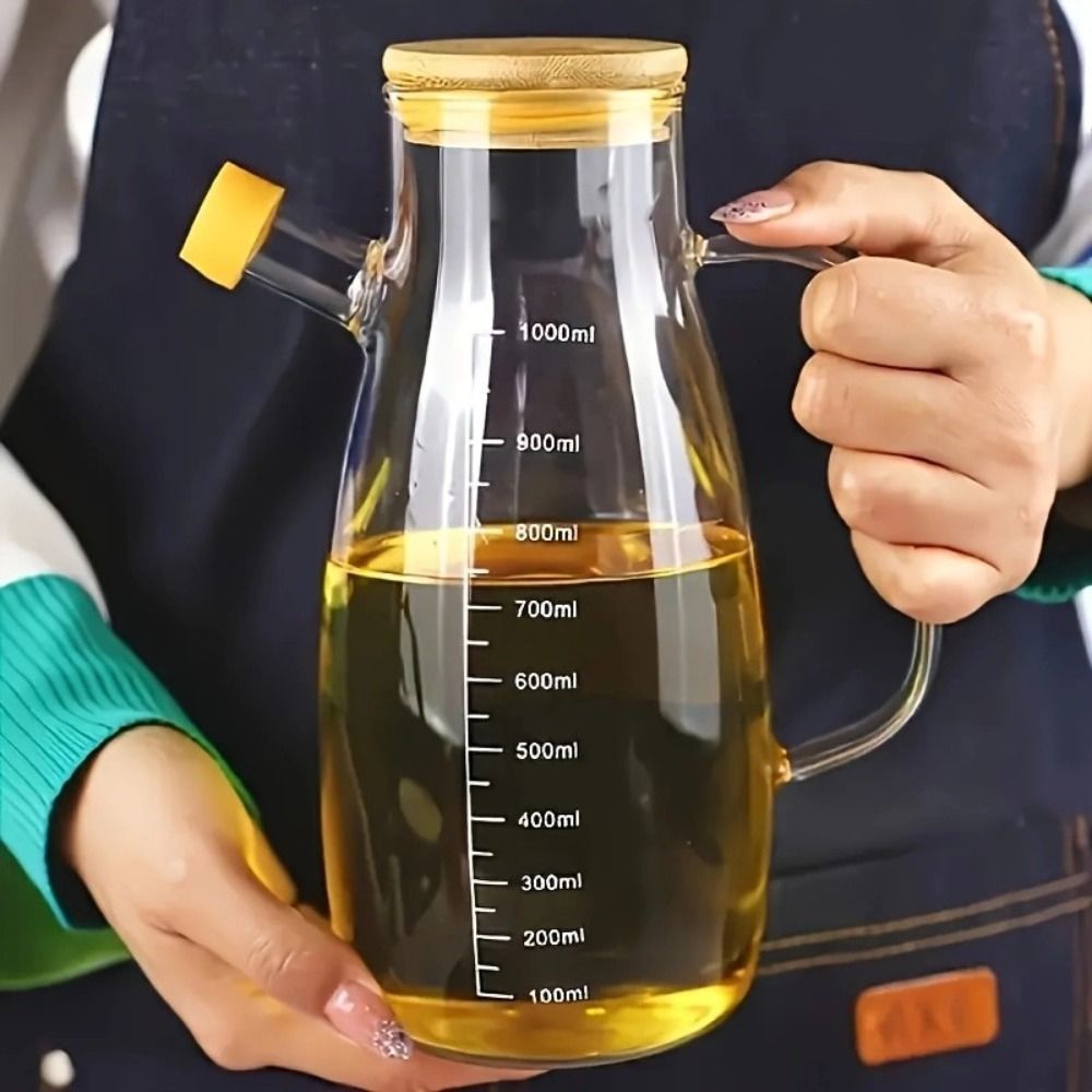 Transparent Oil Bottle with Lid, Heat-Resistant Glass Oil Pot, Kitchen Oil Dispenser, Vinegar Tank with Handle