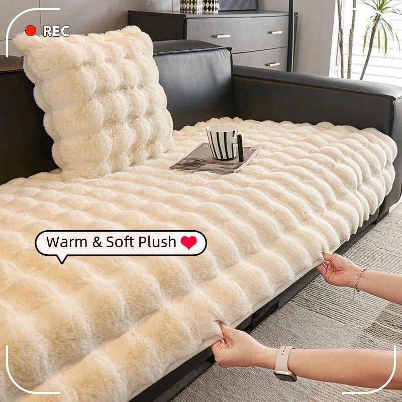 Thick faux rabbit fur sofa slipcover non slip plush couch cushion cover