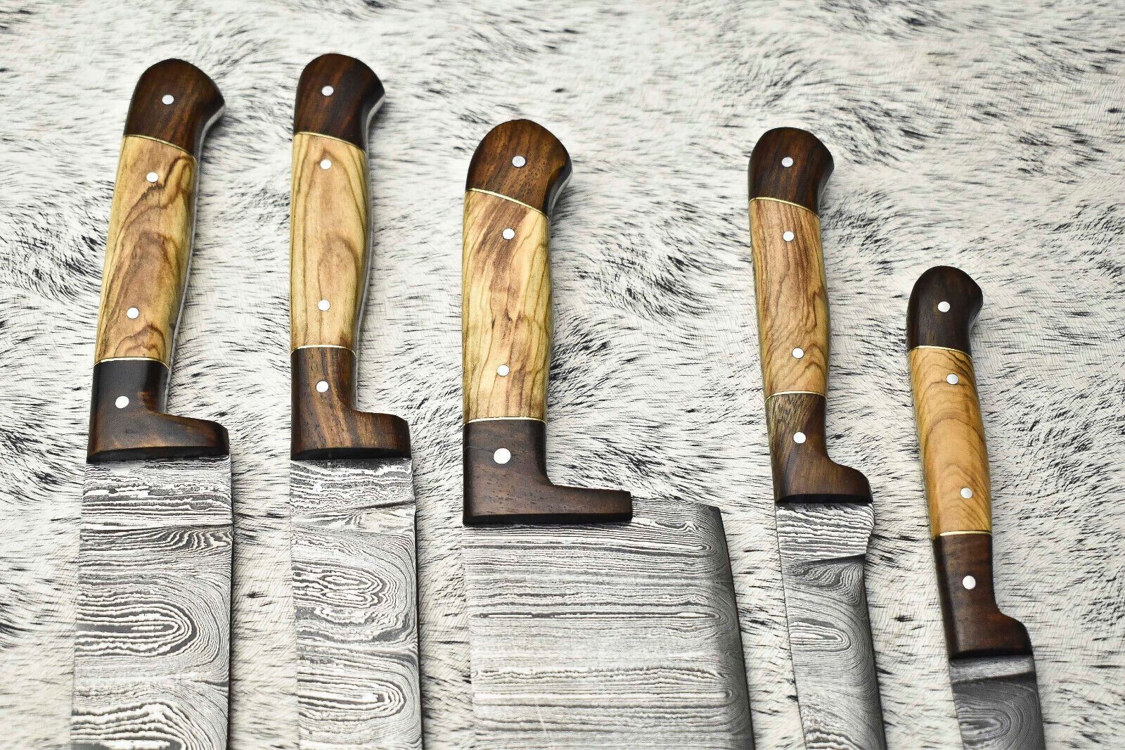 Lot of 5 Handmade Damascus Steel Chef Knives Set | Full Tang with Olive Wood Handles