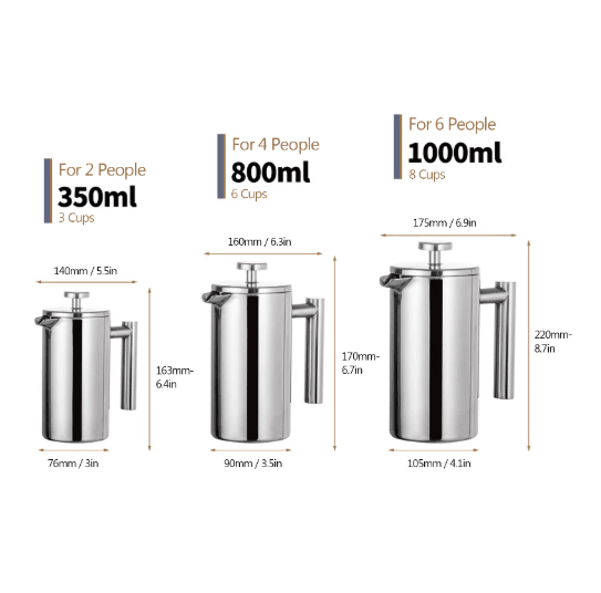 Stainless Steel French Press Coffee Maker Double Wall Insulated Manual Coffee Brewer (350ml–1000ml)