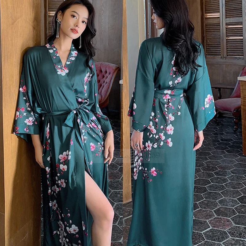 New Spring Summer Female Long Robe Set – Sexy Flower Print Kimono & Silk Satin Casual Lounge Wear