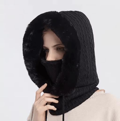Women Winter Hooded Balaclava Hat with Neck Warmer Knitted Plush Windproof Cap