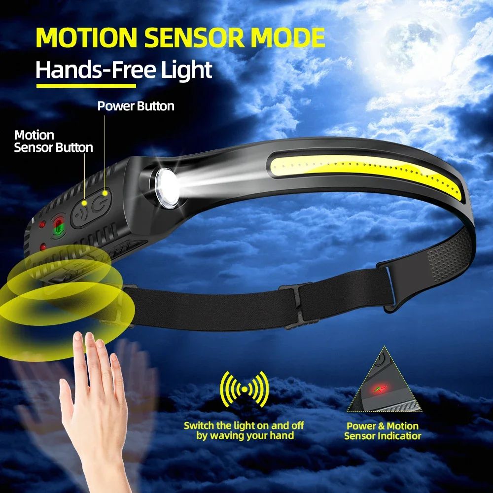 USB Rechargeable LED Sensor Headlamp for Hands-Free Outdoor and Work Visibility