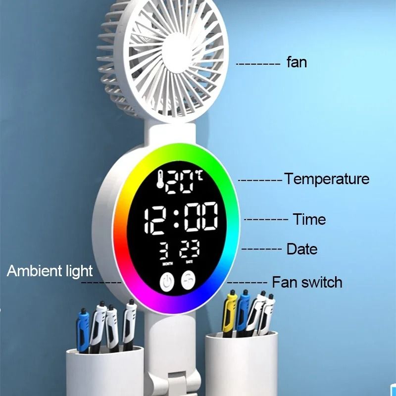 Rechargeable LED Table Lamp with Fan Clock Display Reading Desk Light Night Light