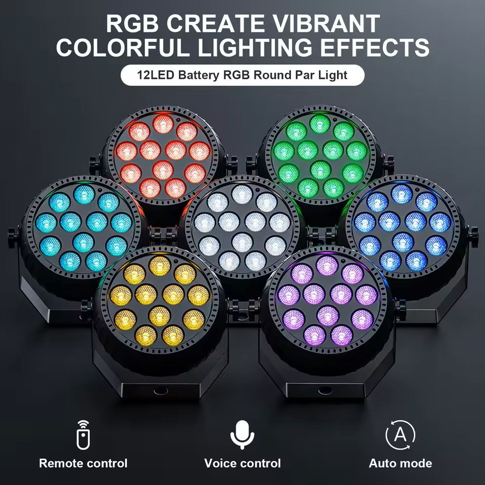 4 Piece RGB Wireless Rechargeable Stage Lights with 12 LED Mini Par Uplights for Party and Event Lighting