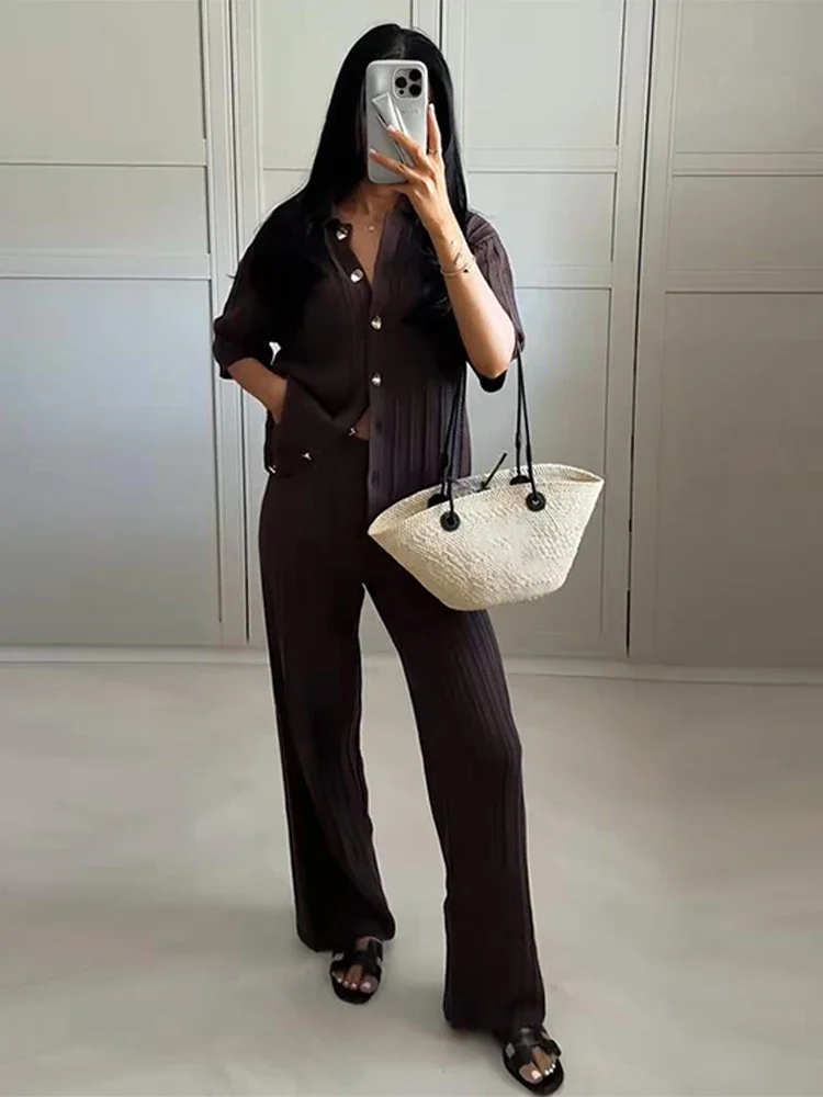 Vintage Brown Knitted Loose Pants Set Women Short Sleeve Lapel Cardigan Straight Trousers Elegant Fashion Suit