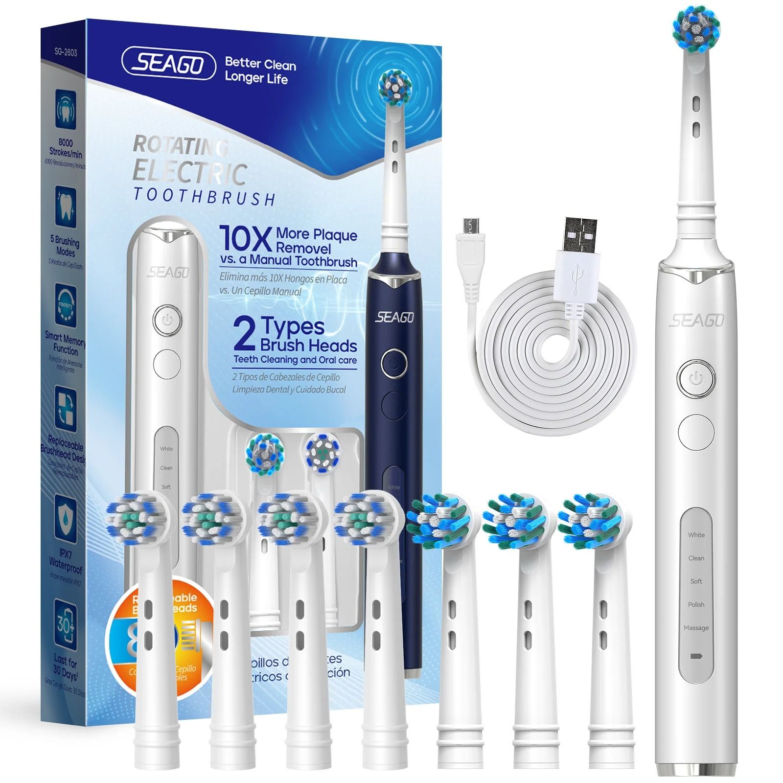Rotating Electric Toothbrush with 8 Heads 5 Modes and Smart Timer