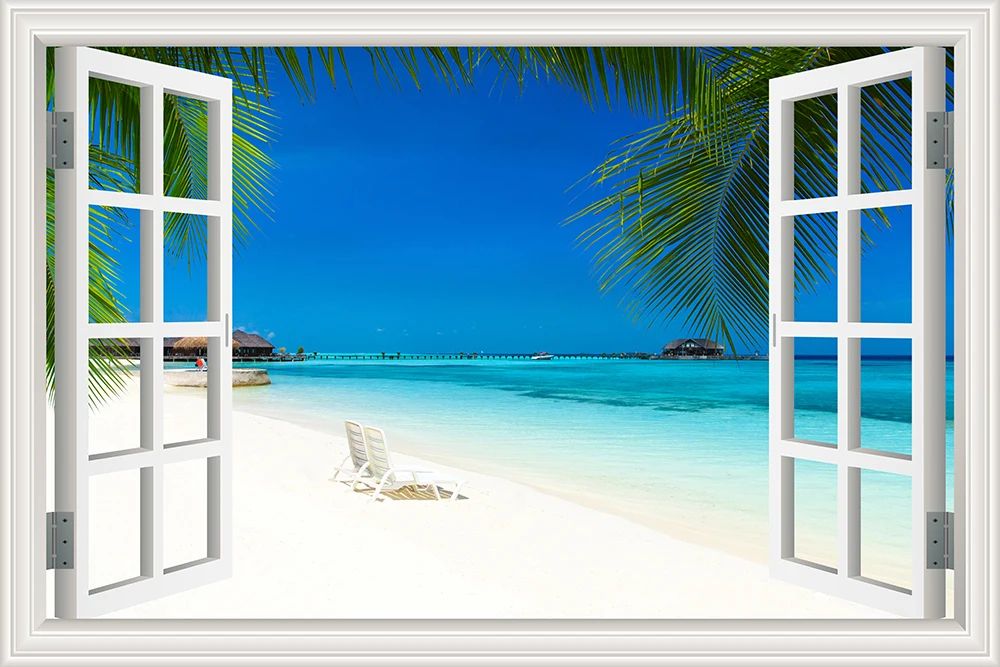 3D Beach Window View Wall Sticker – Ocean Sky Landscape Peel & Stick PVC Wallpaper