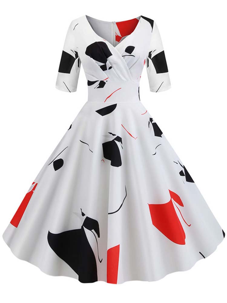 Half Sleeve Black Summer Women Dress, Floral Print Vintage Party Dresses, Casual Retro A-Line Vestidos