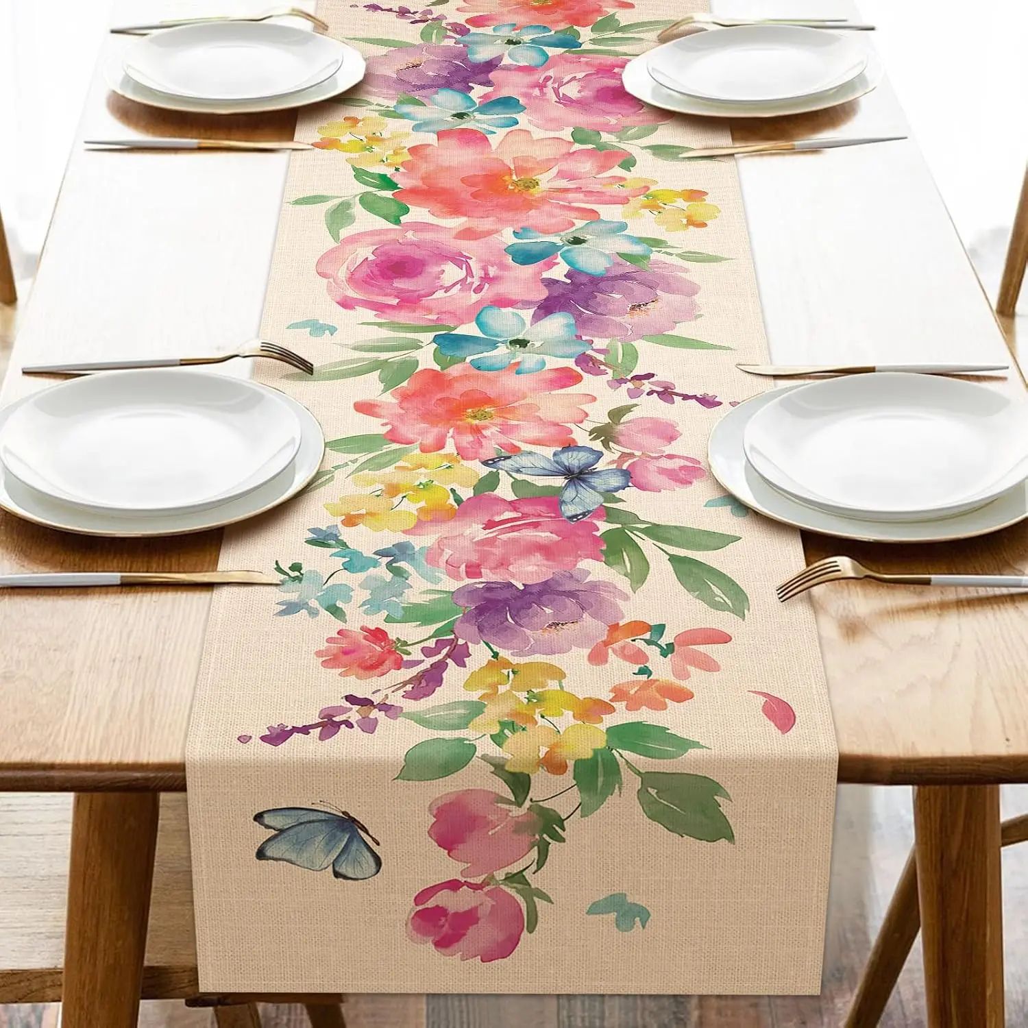 Watercolor Floral Butterfly Linen Table Runner Decor