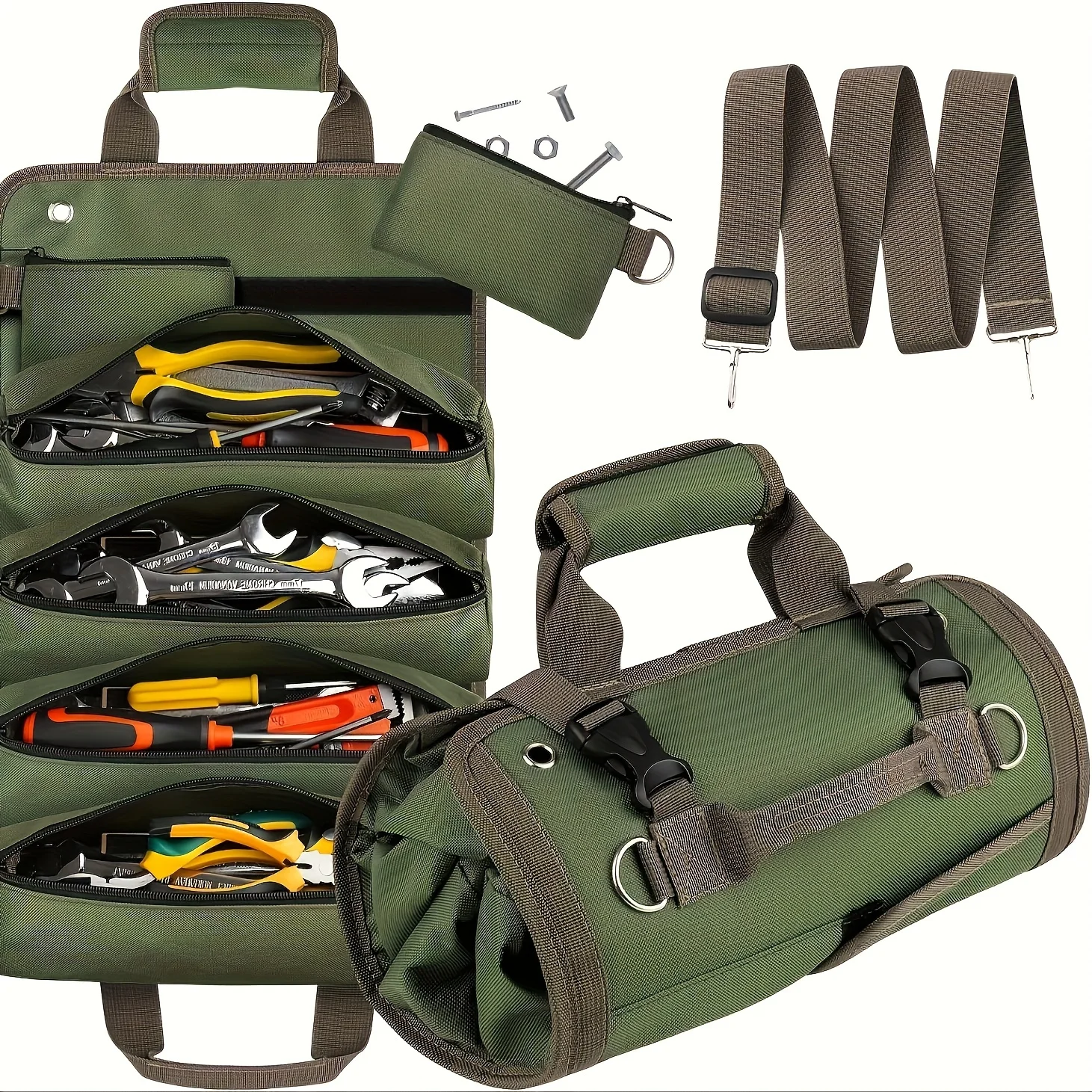 Oxford Fabric Multi-Tool Organizer, Heavy-Duty Roll-Up Tool Bag, All-in-One Garage Storage for Mechanics, Electricians,