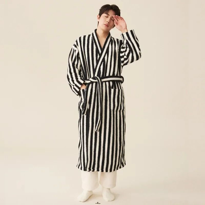 Thickened Flannel Robe & Pants Pajamas Set – Professional Autumn/Winter Striped Couples Home Clothes