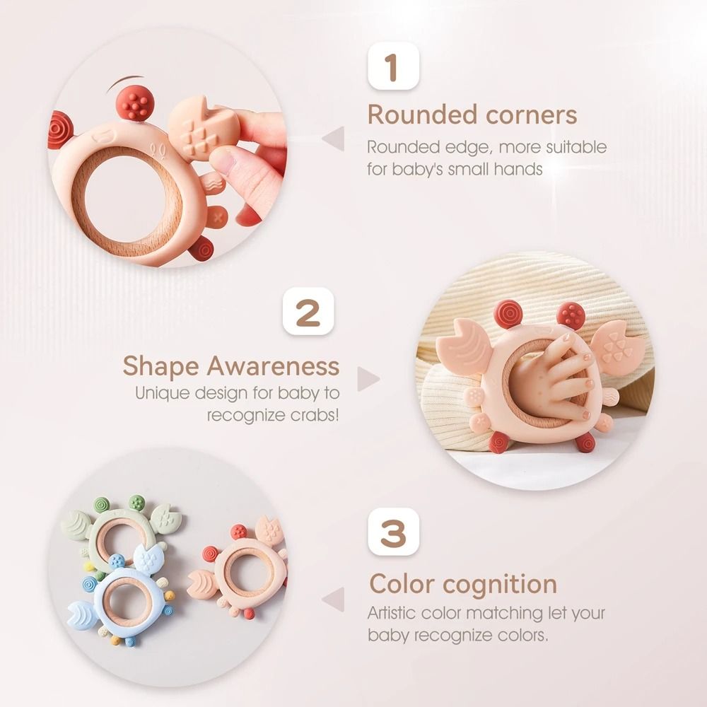 Silicone Crab Baby Teether with Natural Wooden Ring – BPA-Free Molar Toy