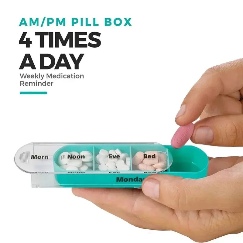 7-Day Weekly Pill Organizer with 28 Compartments, Portable Travel Medicine Case
