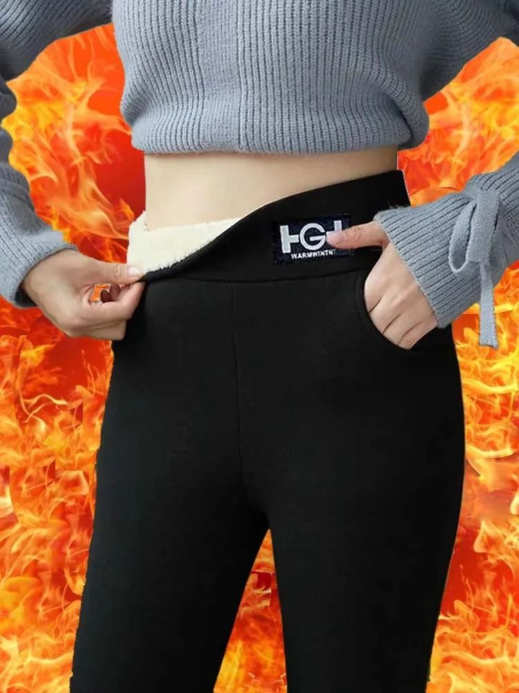 Womens High Waist Thermal Pants Comfortable Elastic Winter Leggings Warm Pocket Casual Trousers