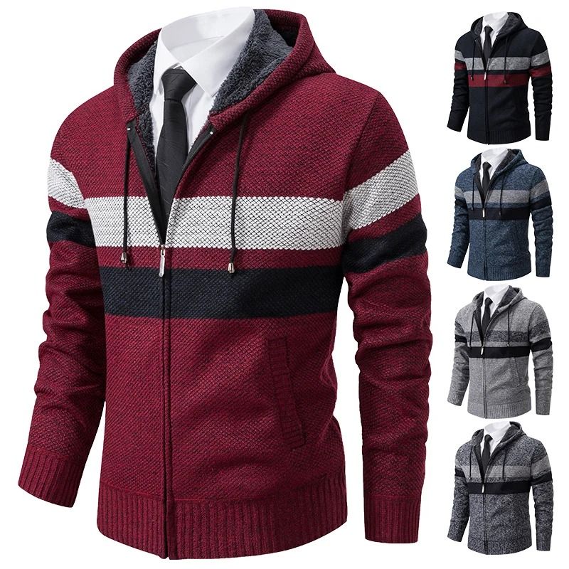 Mens Warm Striped Hooded Knit Cardigan for Autumn and Winter