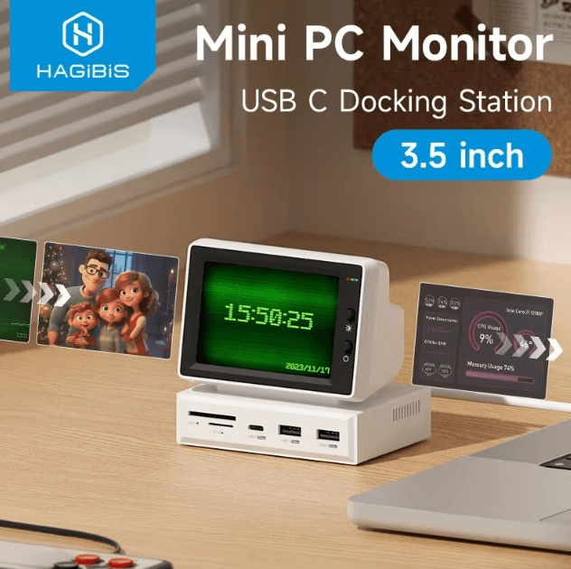 Hagibis 3.5In USB-C Mini IPS Monitor & Hub – Portable Sub Screen with AIDA64 PC Data Display & Multi-Port USB-C Adapter
