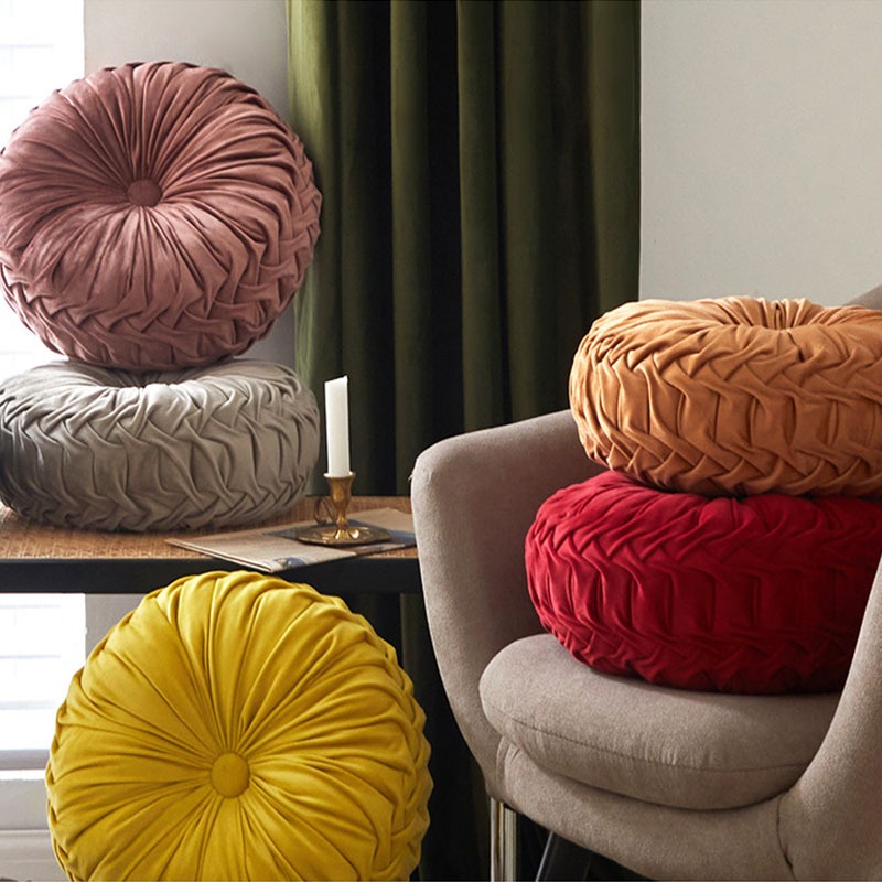Lumbar Support Throw Pillow Hand Sewn Pleated 3D Velvet Pumpkin Cushion for Sofa Bed Chair
