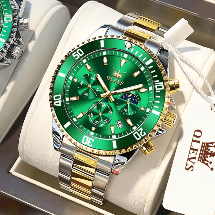 OLEVS Luxury Mens Watch Stainless Steel Chronograph Waterproof with Moon Phase