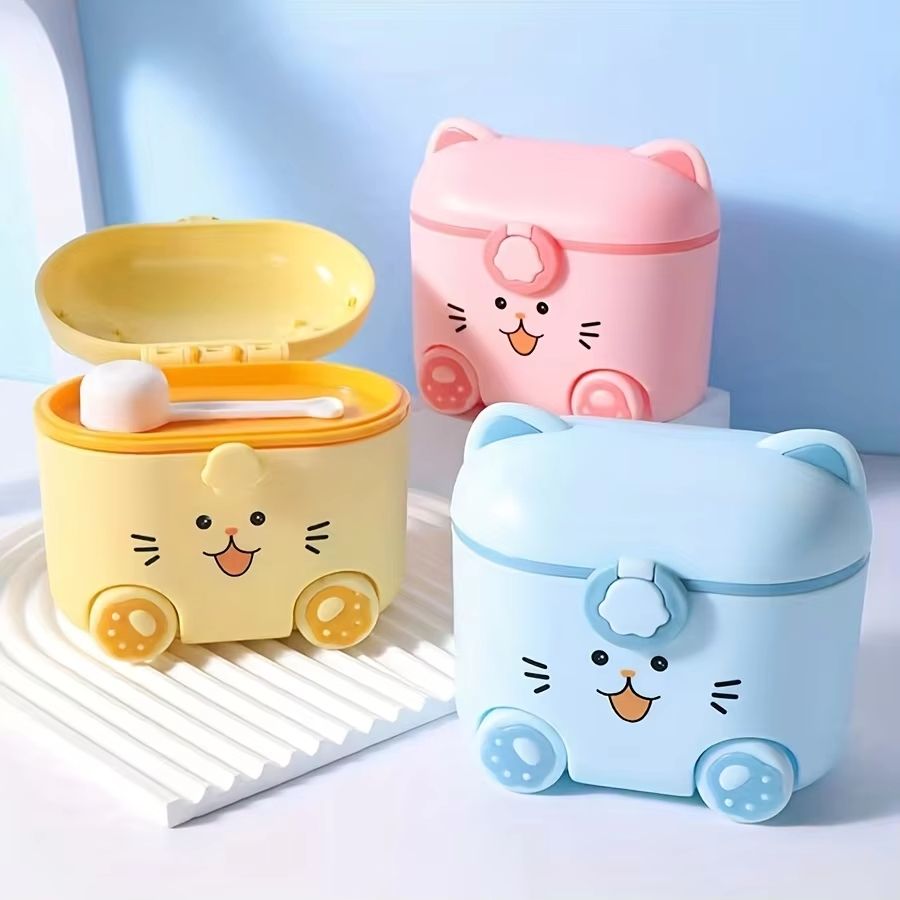 Cute Cat Locking Baby Formula Container with Spoon, Portable Snack Box
