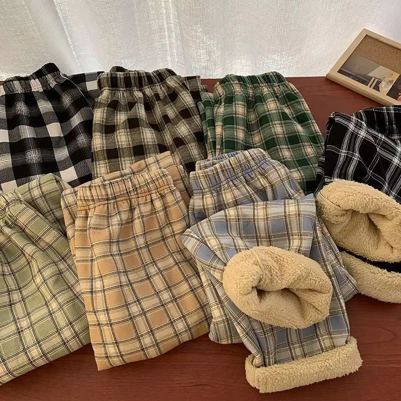 Women's Plush Wide Leg Plaid Pants Warm Cashmere Style Loose Winter Trousers