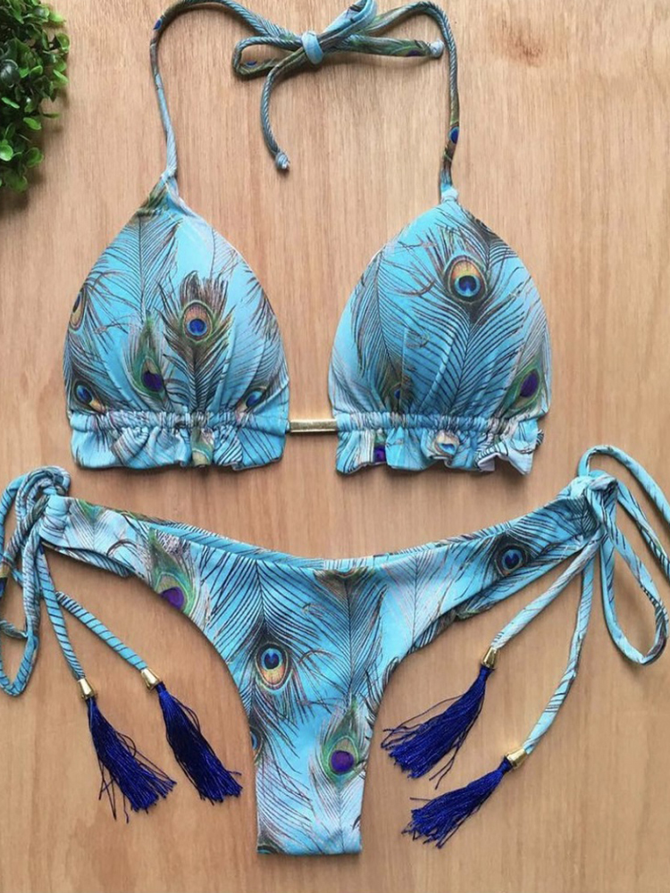 Brazilian Biquinis New Swimsuit Women Feather Print Bandage Swimwear