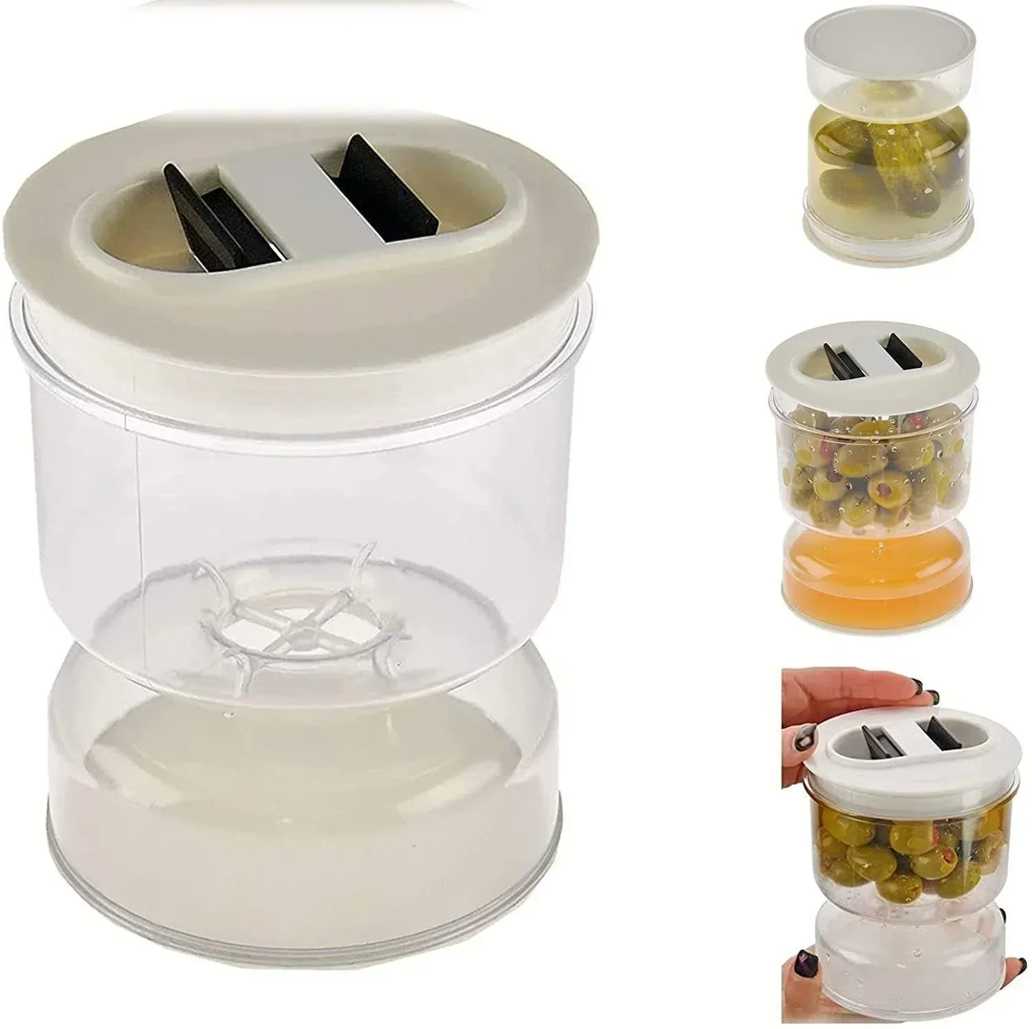 Pickle Jar for Home Wet and Dry Separation with Flip Container Sealed Hourglass Design for Olives with Strainer