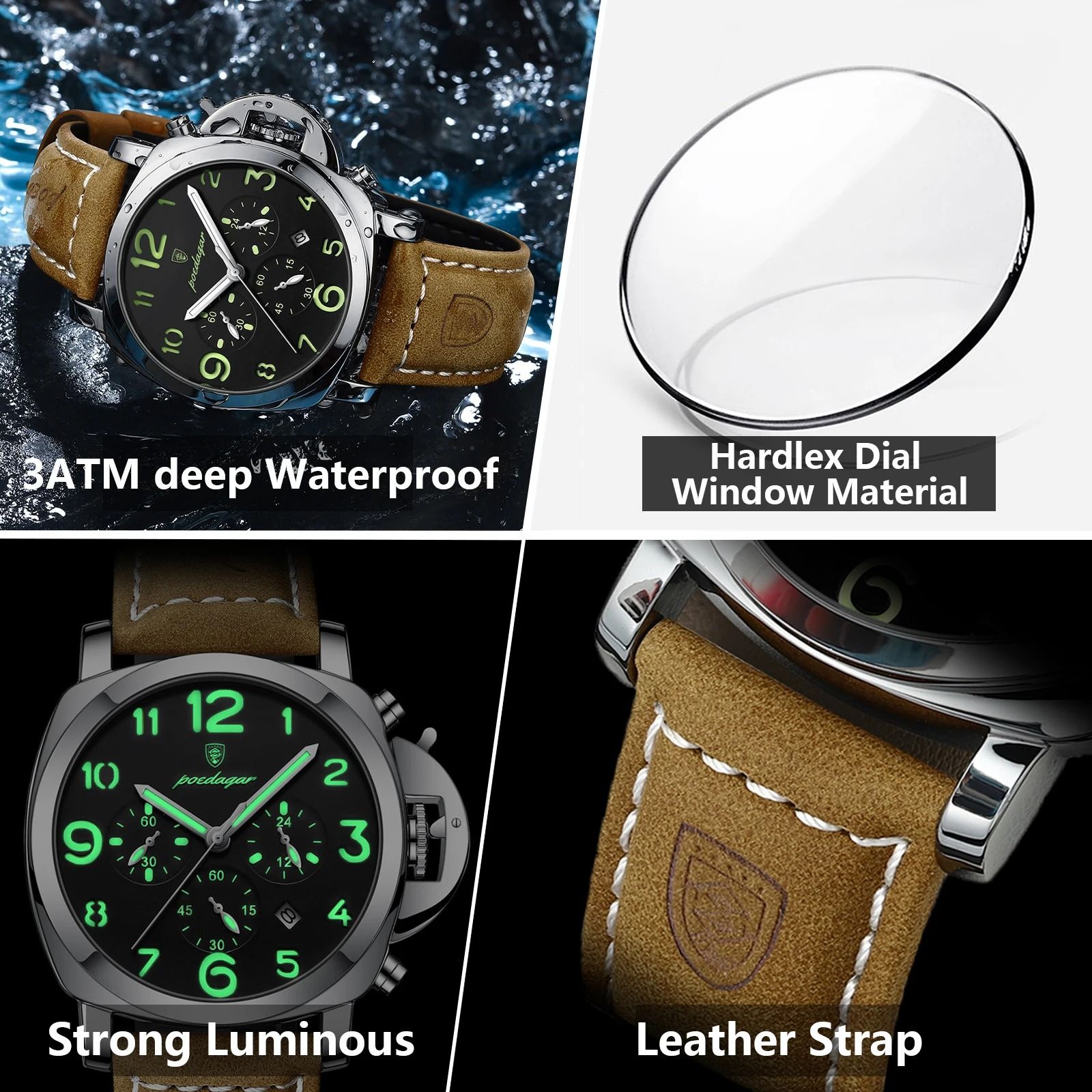 Luxury Military Waterproof Watch with Luminous Leather Strap Quartz Movement