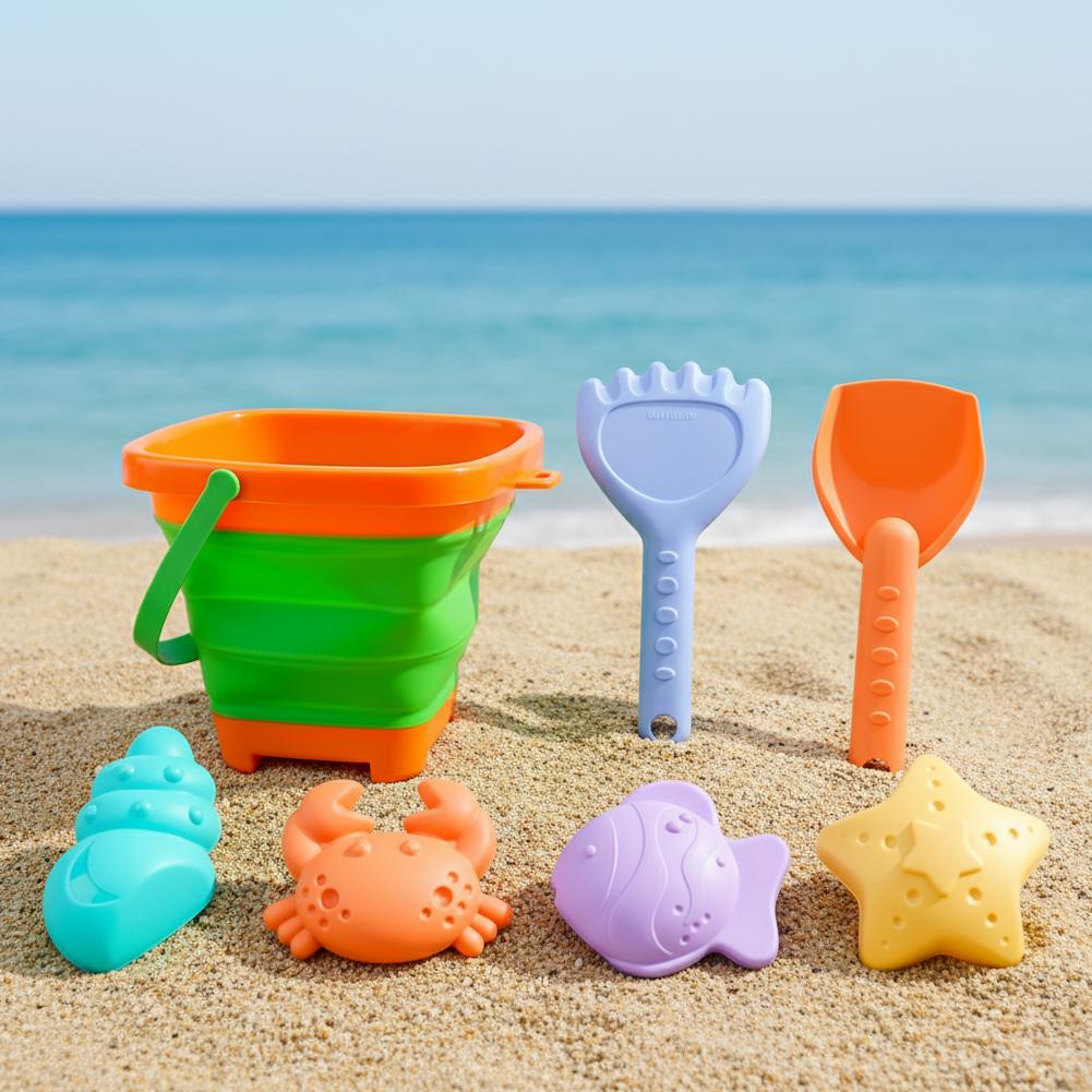 Collapsible Kids Beach Toy Set with Folding Bucket Sand Play Kit