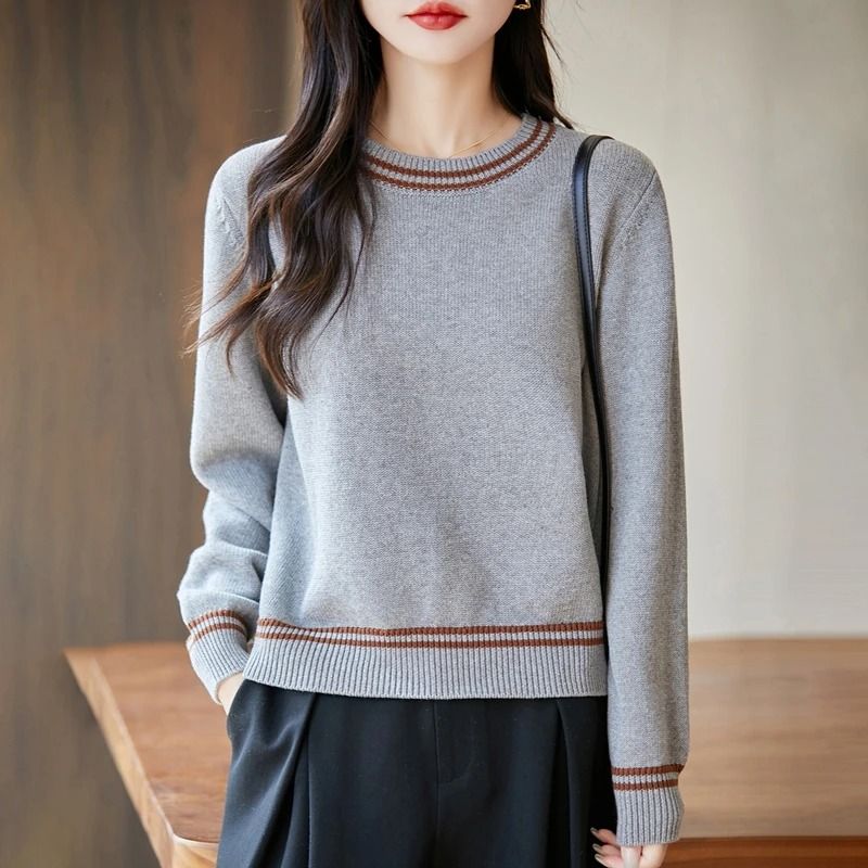 Autumn Winter Women Pure Cotton Knitted O-Neck Pullover Sweater