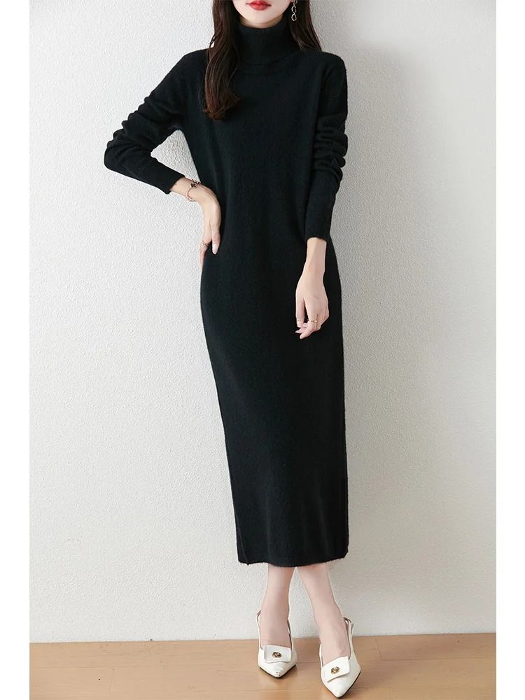 100% Merino Wool Turtleneck Knit Sweater Dress