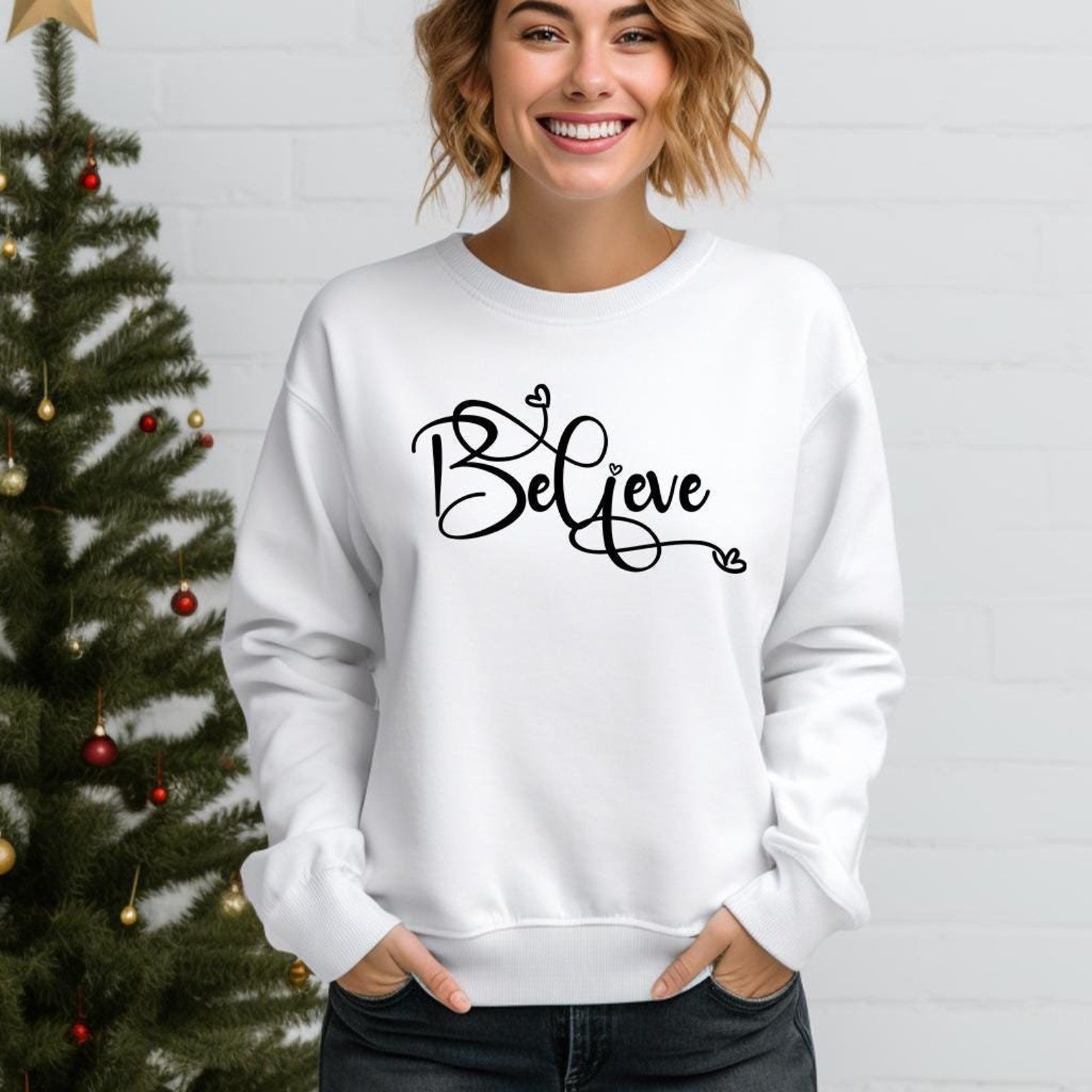 Believe Christmas Shirt | Christian Family Xmas Sweater Faith Holiday Graphic Crewneck