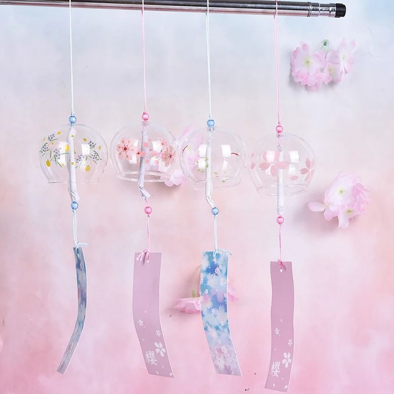 Japanese Sakura Glass Wind Chimes | Hand-Painted Cherry Blossom Hanging Craft