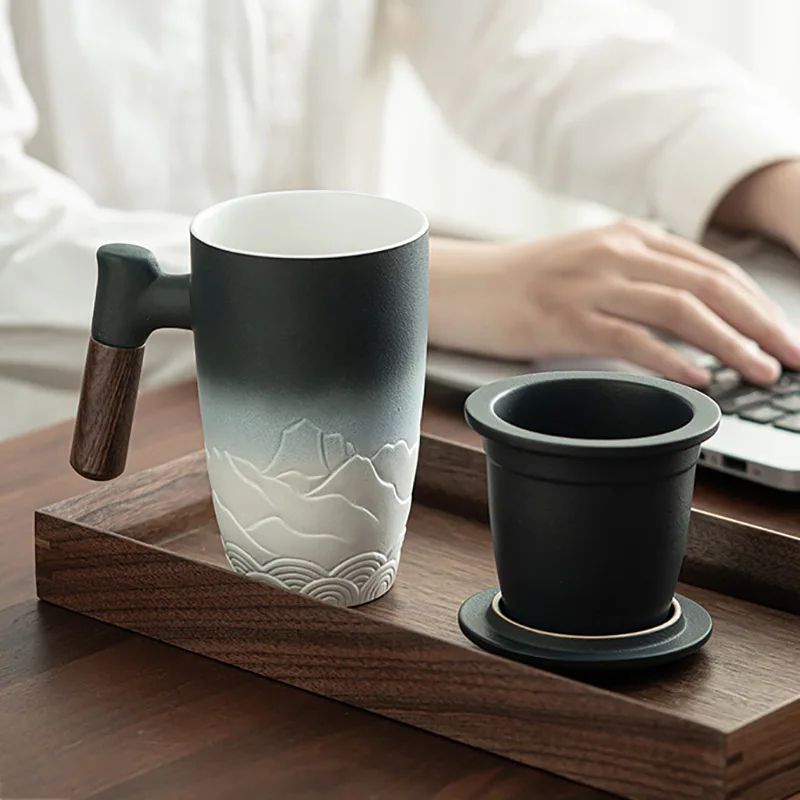 Retro Ceramic Mug with Wooden Handle and Lid