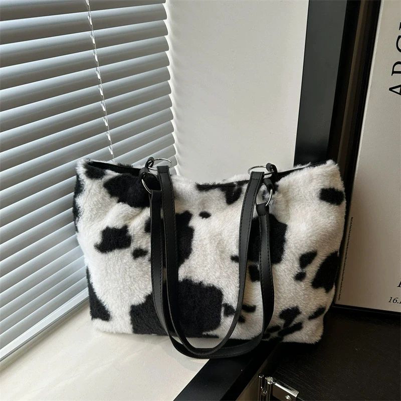CozyMoo Plush Cow Print Large Capacity Tote Bag | Women's Winter Shoulder Shopper Handbag with Zipper