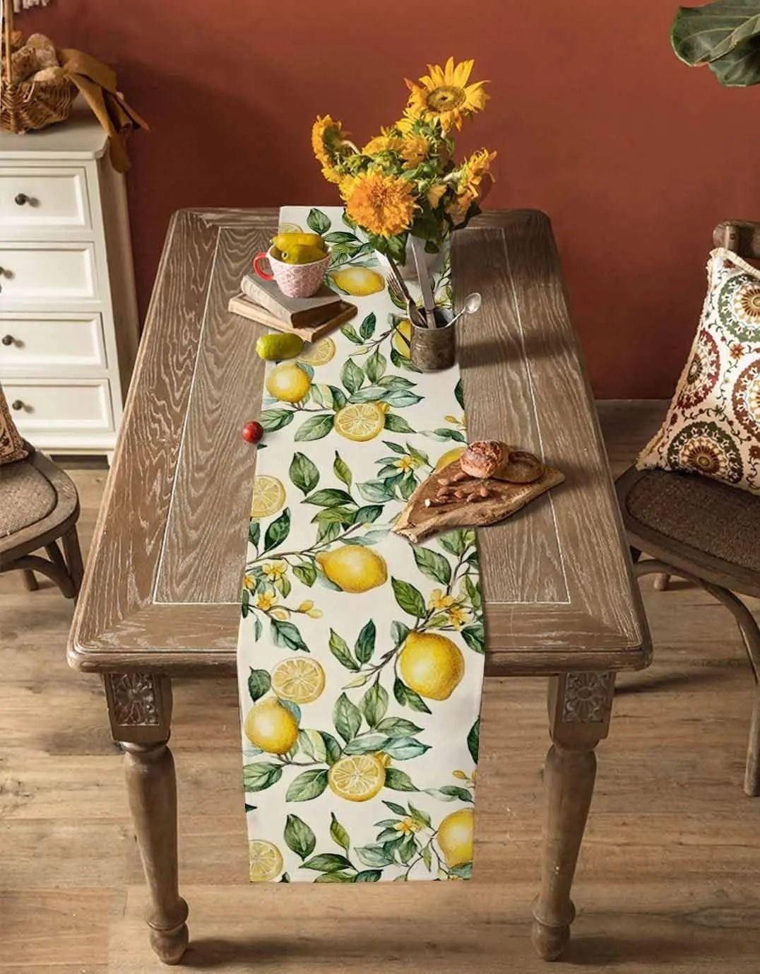 Watercolor Lemon Linen Table Runner | Summer Green Leaf Kitchen Decor & Dresser Scarf