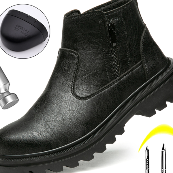 Men Brown Leather Steel Toe Boots, Safety Work Protection Shoes, Puncture-Proof, Side Zipper Design