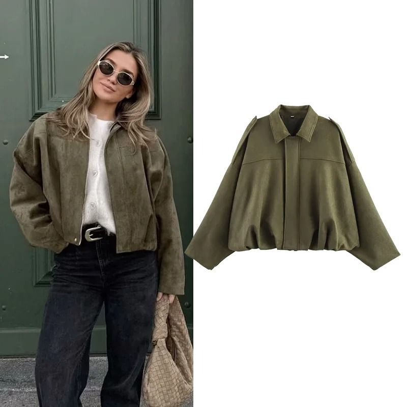 Womens Oversized Bomber Jacket Vintage Loose Fit Coat