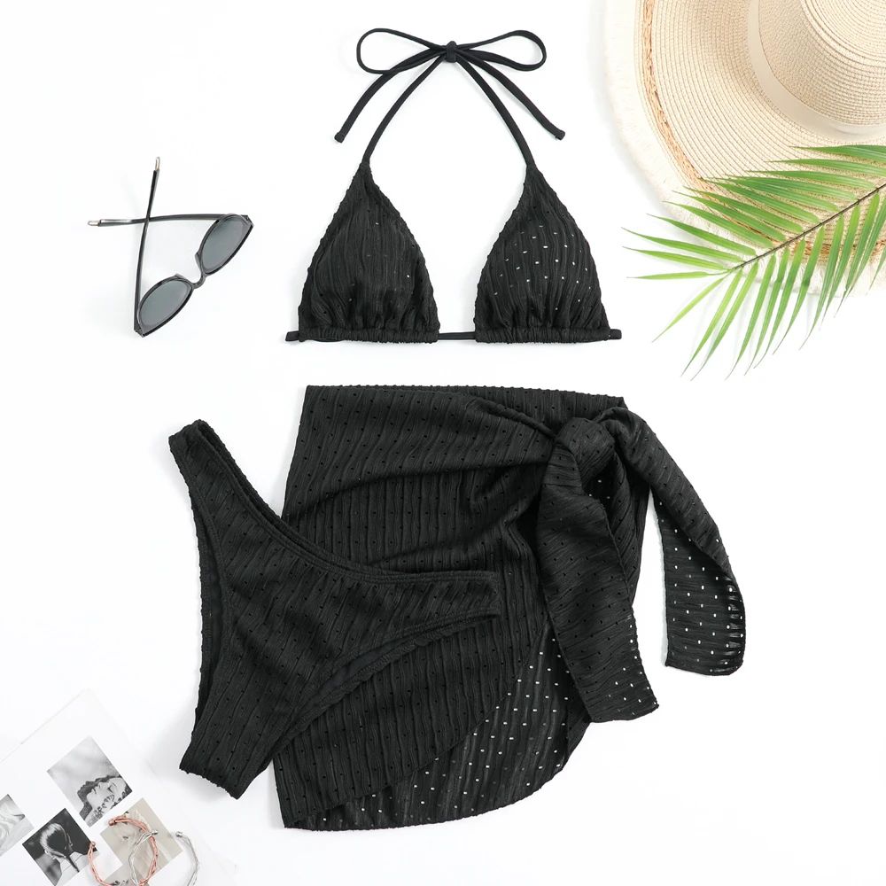 Halter Thong Bikini Set with Sarong Skirt