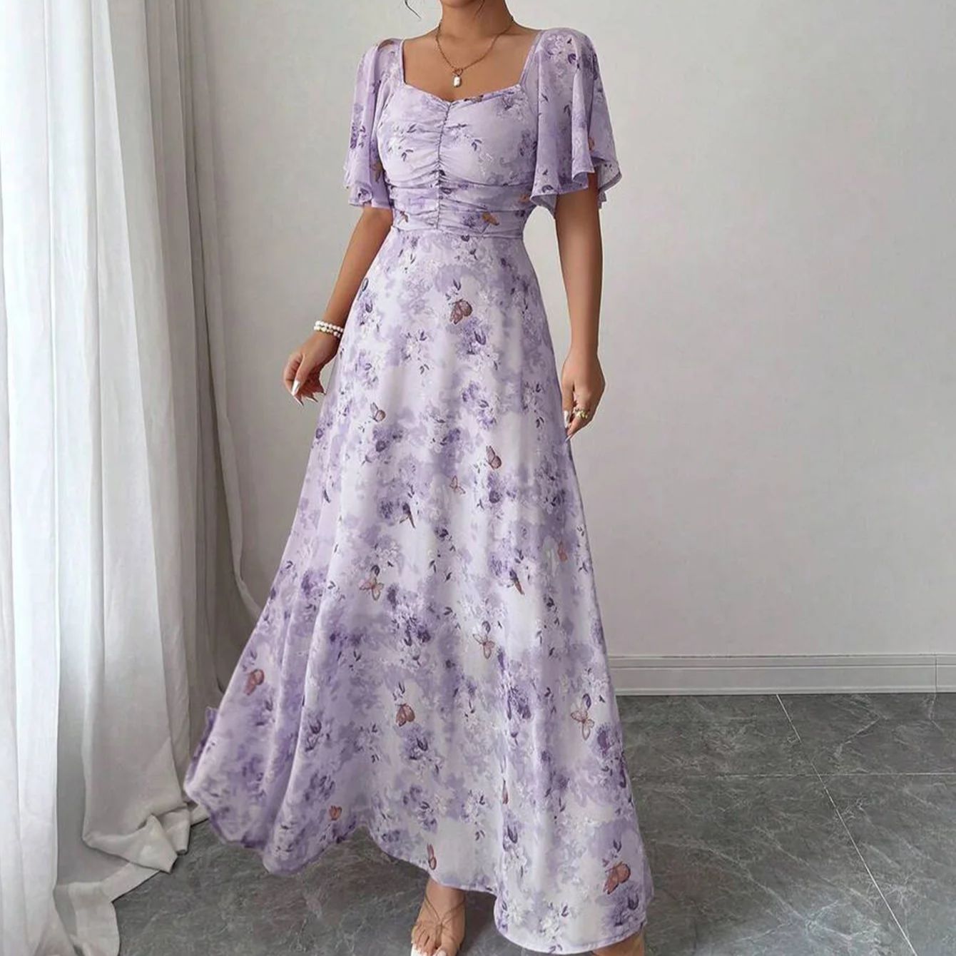 Womens Sweet French Style Mini Dress, Purple Butterfly Print, Batwing Sleeves Back Zipper Elegant Chic