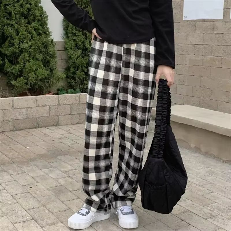 Women's Plush Wide Leg Plaid Pants Warm Cashmere Style Loose Winter Trousers