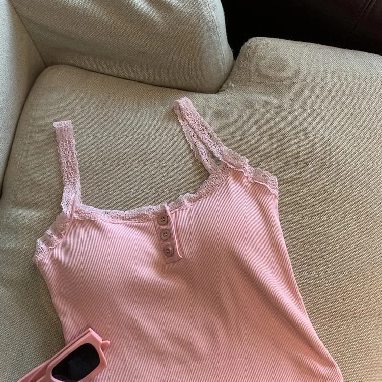 Sexy White Knit Camisole Lace Tank Top, Women's Sleeveless Crop Top, Slim Undershirt with Chest Pad, Cute Summer Ves