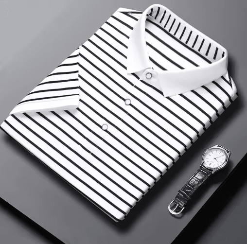 Mens Striped Cotton Polo Shirt – Short Sleeve Business Casual Summer Top