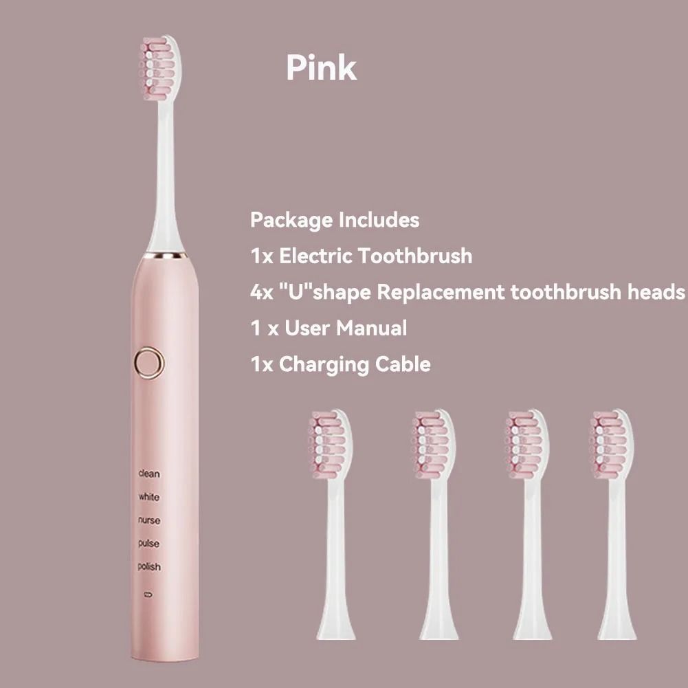 Rechargeable Sonic Electric Toothbrush with 4 Replacement Heads 5 Modes 3 Intensities and Smart 2 Minute Timer