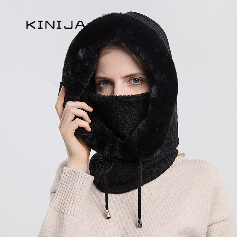 Winter Fur Hooded Mask Set for Women, Knitted Cashmere Neck Warmer, Windproof Balaclava Ski Hat