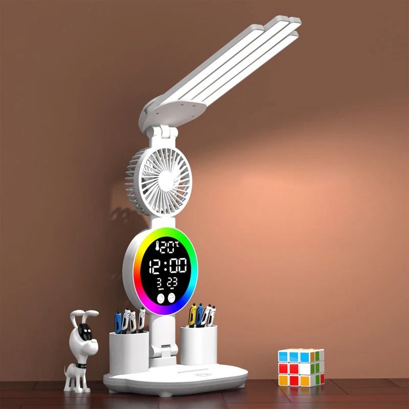 Rechargeable LED Table Lamp with Fan Clock Display for Desk Reading