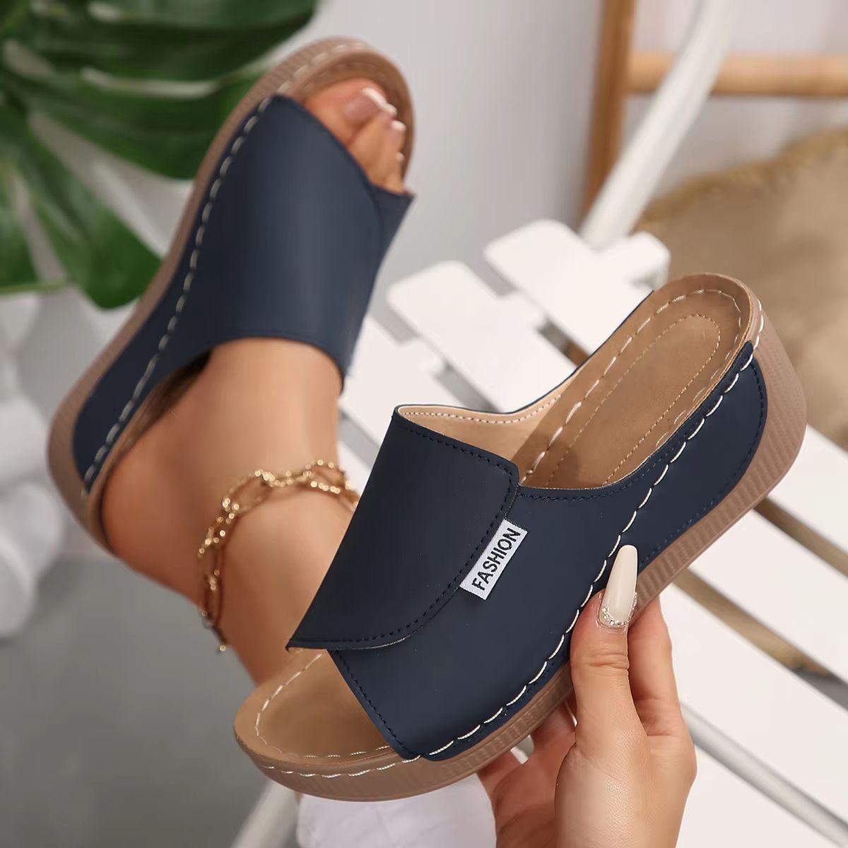 Women's Summer Wedge Slippers – Breathable Open Toe Fashion Slides with Adjustable Buckle