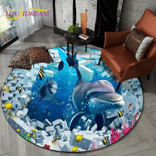 3D Ocean Dolphin Area Rug – Non-Slip Underwater Illusion Round Carpet